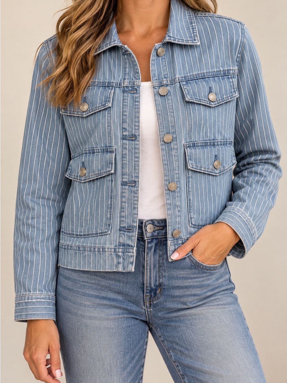 Striped Light Blue Denim Jacket - Women